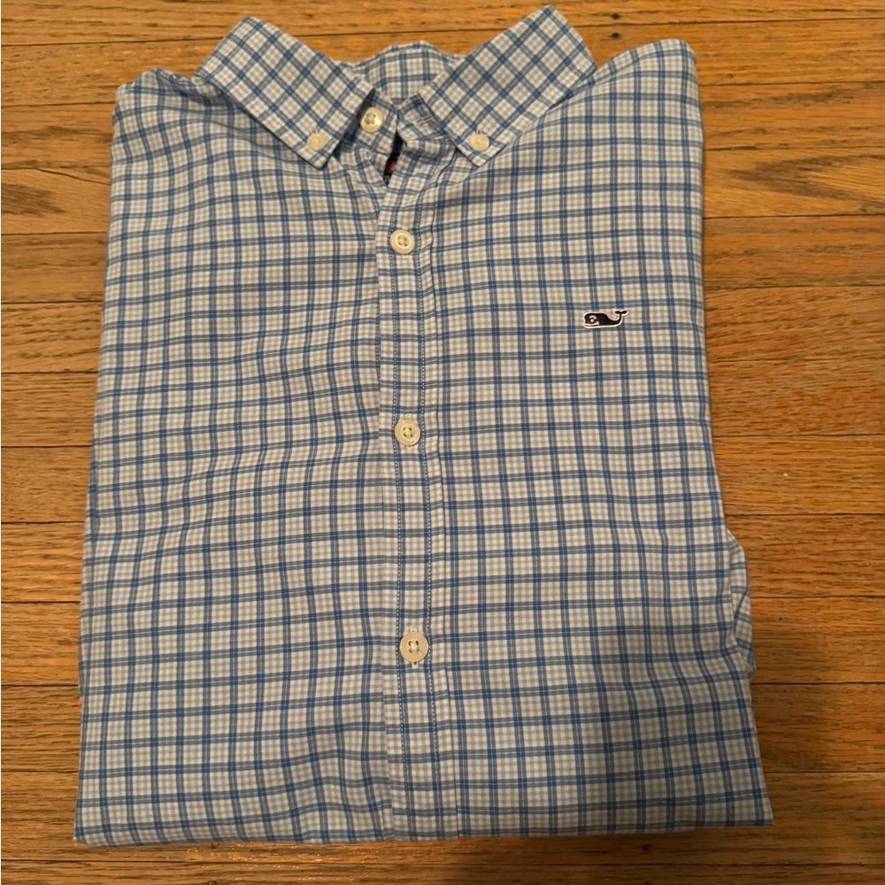 Vineyard Vines Whale Shirt Boys L Gingham Blue Performance Long Slee…